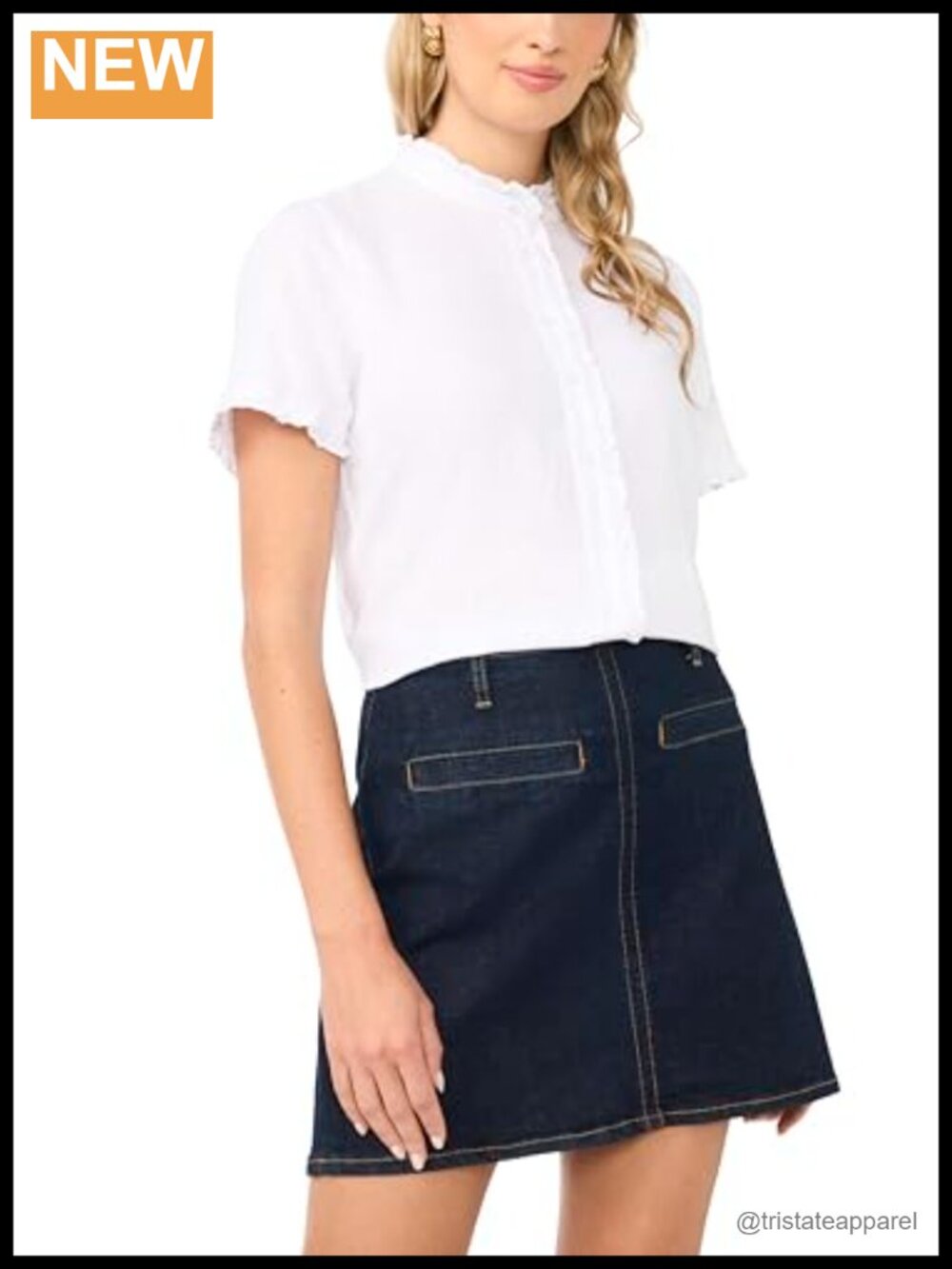 Vince Camuto Linen Short Sleeve Ruffle Button Down Blouse Top